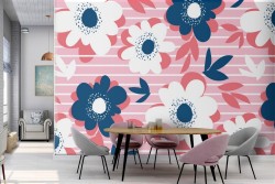Carta da Parati fiori stilizzati e righe pattern moderno.
