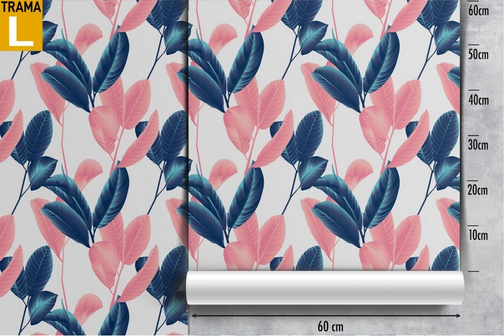 Modern nature wallpaper with stylized pink and blue leaves.