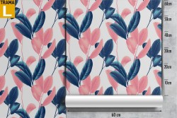 Modern nature wallpaper with stylized pink and blue leaves.