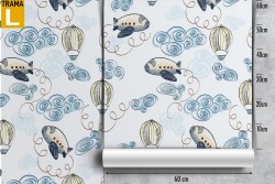 Wallpaper with airplanes and hot air balloons for children.