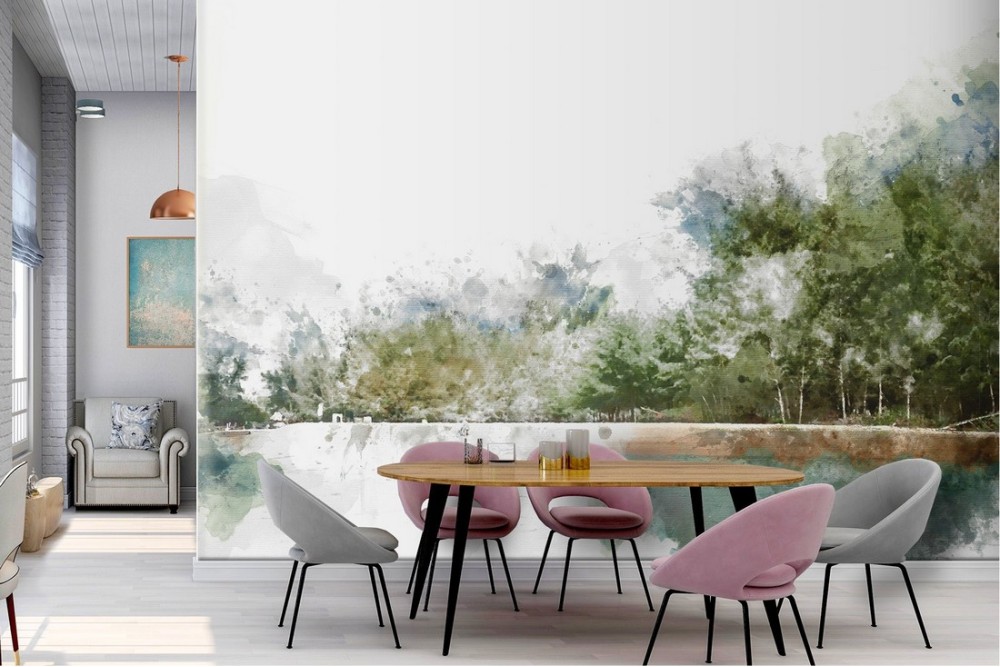 Wallpaper landscape forest on the lake nature watercolor