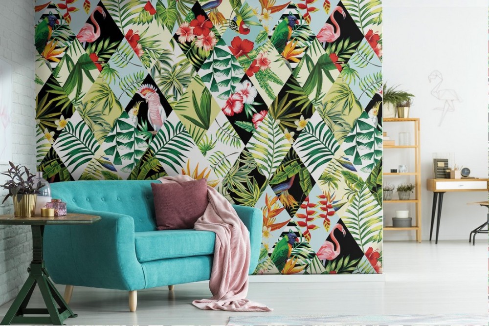 Modern wallpaper with tropical leaves and geometries.