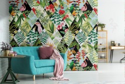 Modern wallpaper with tropical leaves and geometries.