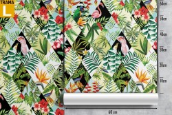 Modern wallpaper with tropical leaves and geometries.