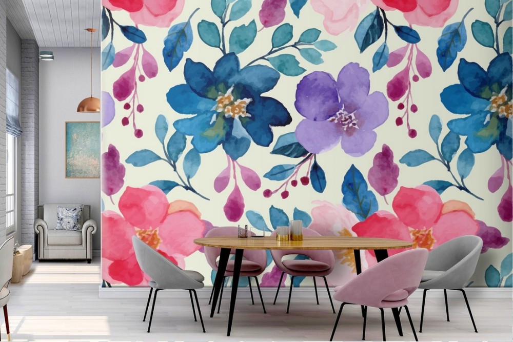 Modern nature wallpaper with pink and blue flowers.