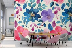 Modern nature wallpaper with pink and blue flowers.