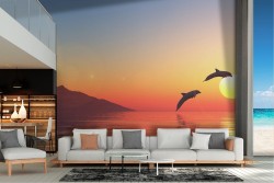 Carta da Parati mare con delfini paesaggio tramonto alba