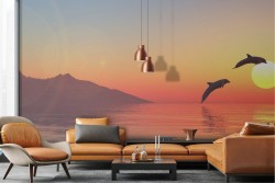 Carta da Parati mare con delfini paesaggio tramonto alba