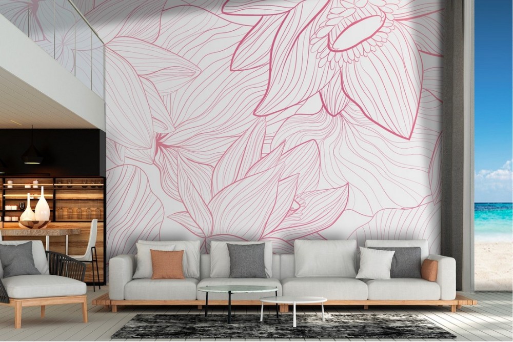 Carta da Parati fiori stilizzati linee rosa natura