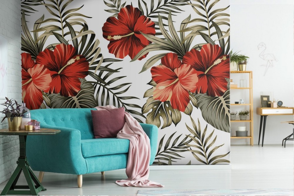 Red flowers and tropical leaves nature wallpaper.