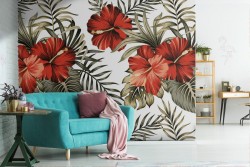 Red flowers and tropical leaves nature wallpaper.