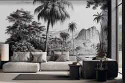 Carta da parati paesaggio tropicale jungle bianco e nero