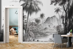 Carta da Parati Adesiva paesaggio tropicale jungle bianco e nero