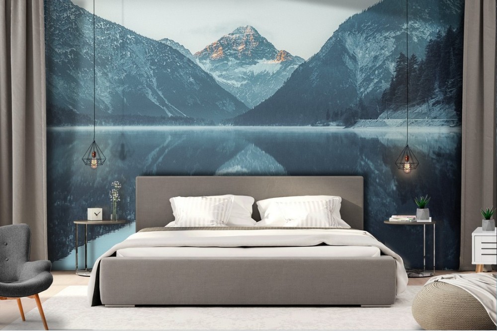 Wallpaper of lake between mountains with snow natural landscape